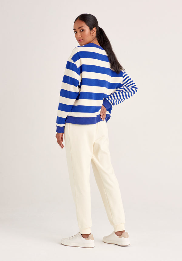 Paisie Contrast Stripe Sweatshirt in Marine Blue and Cream Back